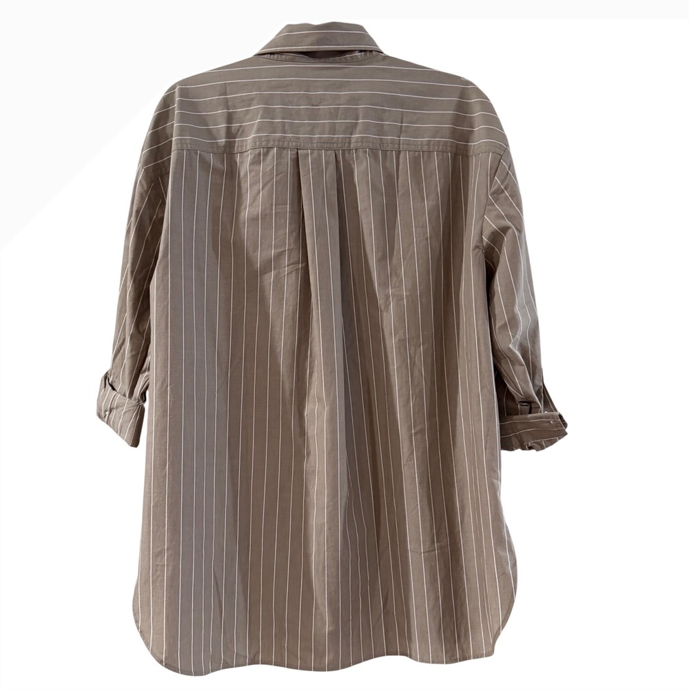 Coastal Grandma Minimalist Academia LP Banana Republic Taupe Striped Button Down - Picture 2 of 7